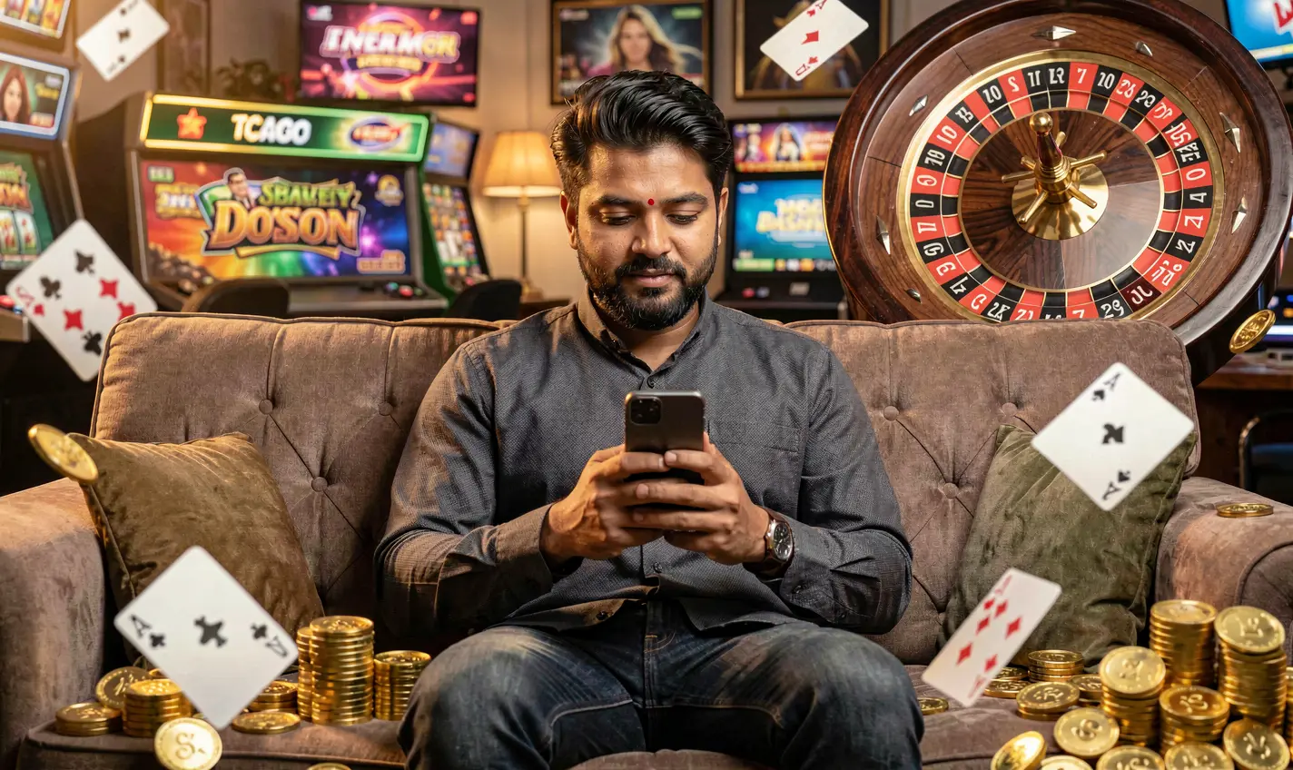 788BD App – A seamless and stylish mobile casino experience for players in Bangladesh Stylish Bangladeshi player relaxing on a sofa while using the 788BD casino app with glowing cards roulette and coins around him