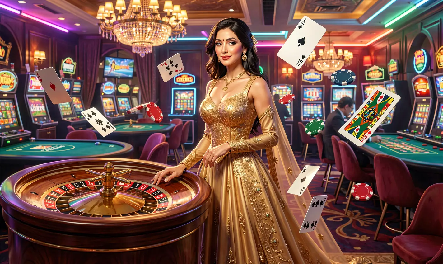 Luxury casino atmosphere with a glamorous woman near a roulette table and flying chips highlighting the premium gaming experience at 788BD in Bangladesh