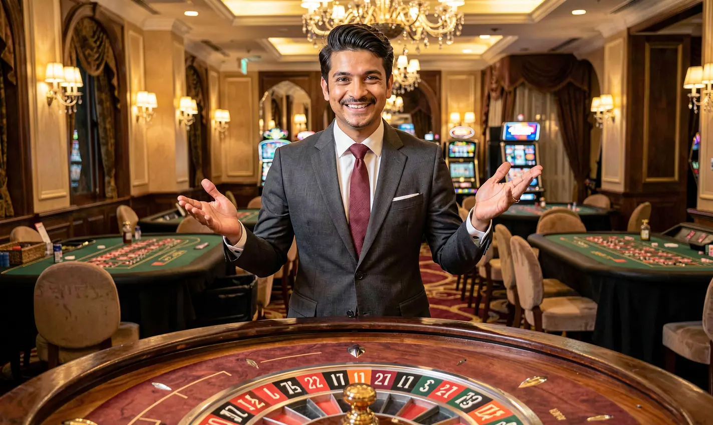 Professional live casino dealer at a roulette table in a luxurious studio representing the premium live gaming environment available at 788BD for Bangladesh players