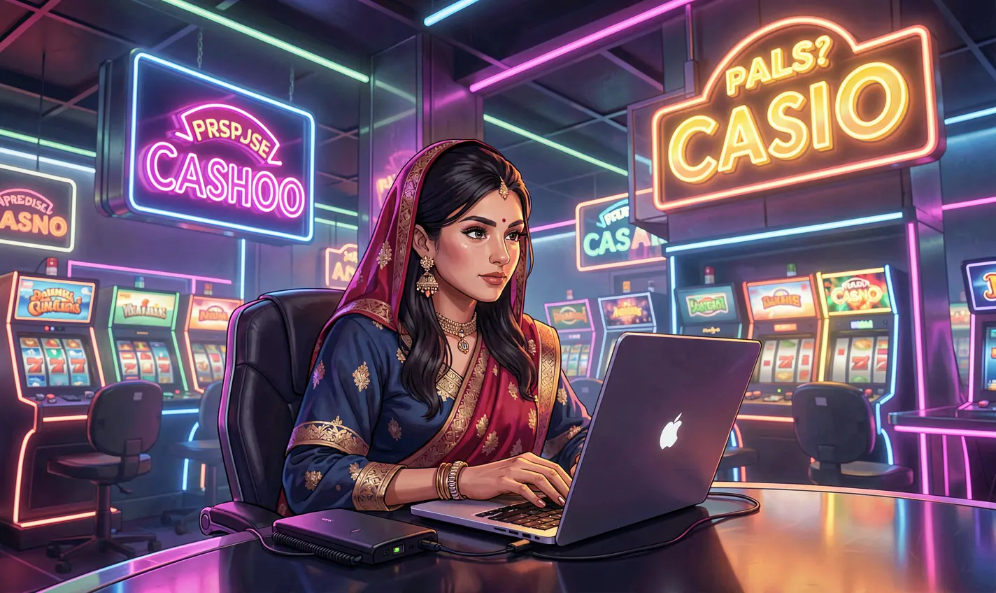 A focused Bangladeshi woman playing online casino games on a laptop surrounded by vibrant neon lights and futuristic casino visuals at 788BD