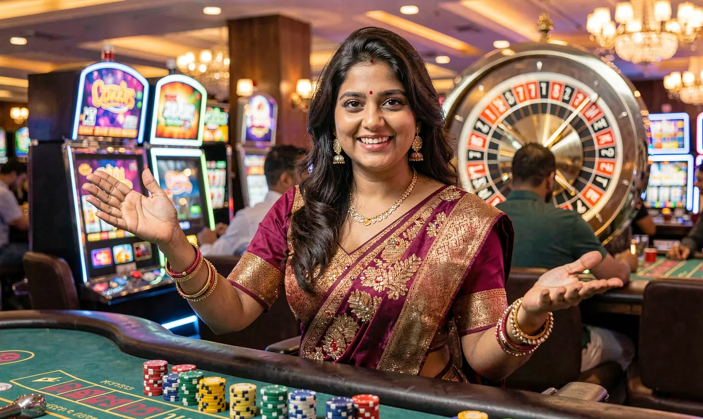 788BD – Join professional live dealer tables for real casino excitement Confident Bangladeshi casino dealer presenting live games with a glowing roulette wheel behind her on the 788BD platform