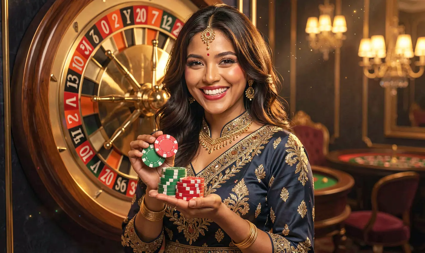 788BD – Experience the excitement of live casino games in Bangladesh Elegant Bangladeshi woman enjoying live casino action with a roulette wheel in the background showcasing the immersive experience at 788BD